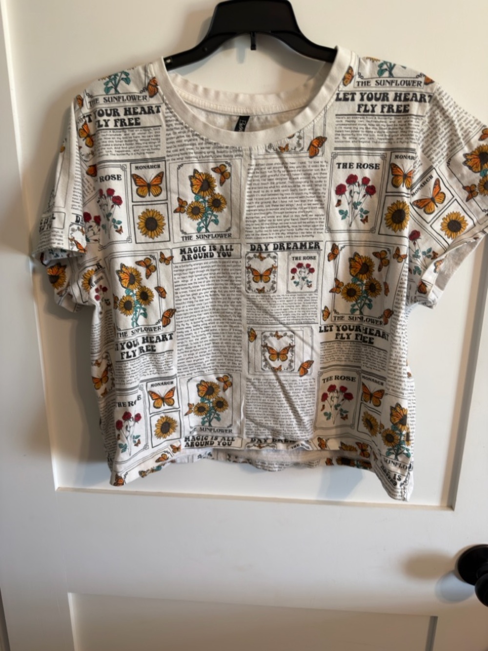 Electric Family White Crop Tee with Yellow Sunflower & Orange Butterfly Print